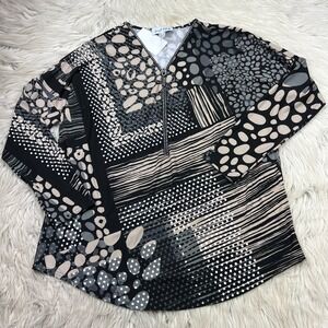 Joseph Ribkoff Women's 12 Rhinestone Zipper Jersey Henley Top Dotted Black Brown